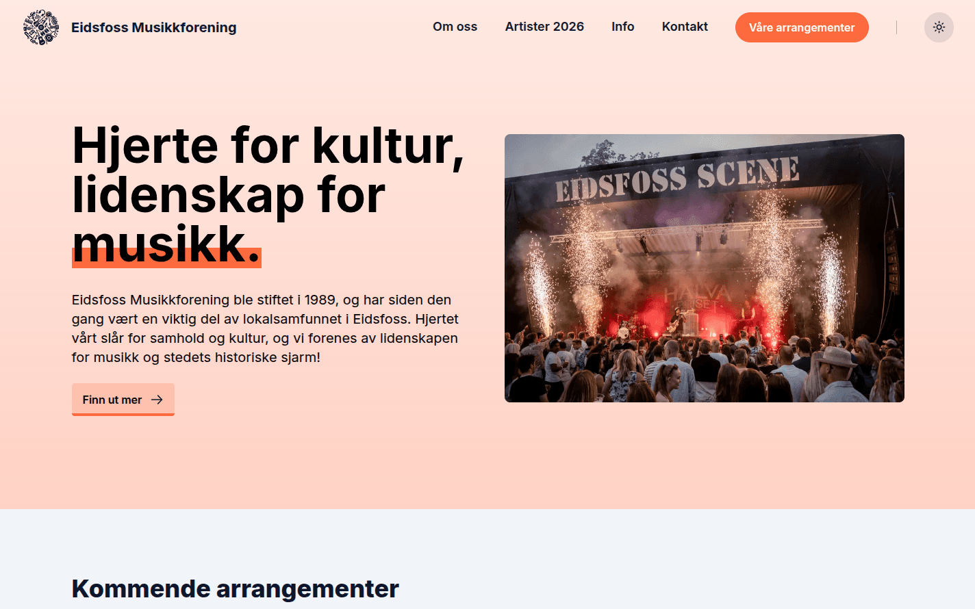 Nettsiden til Eidsfoss Musikkforening: «Hjerte for kultur, lidenskap for musikk»