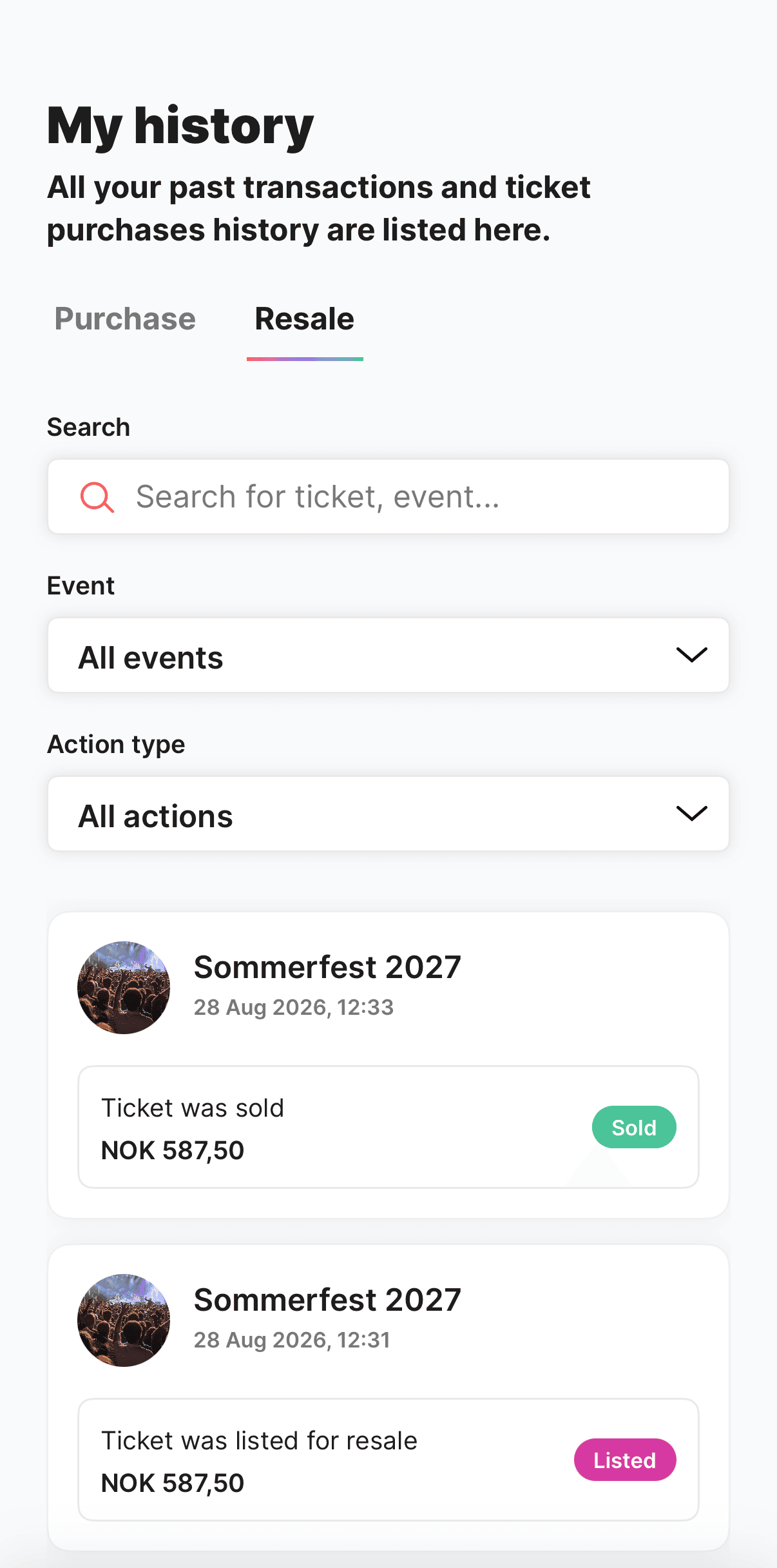 Fabnite-appen: «My history» med fanen Resale, der en billett er lagt ut og solgt videre