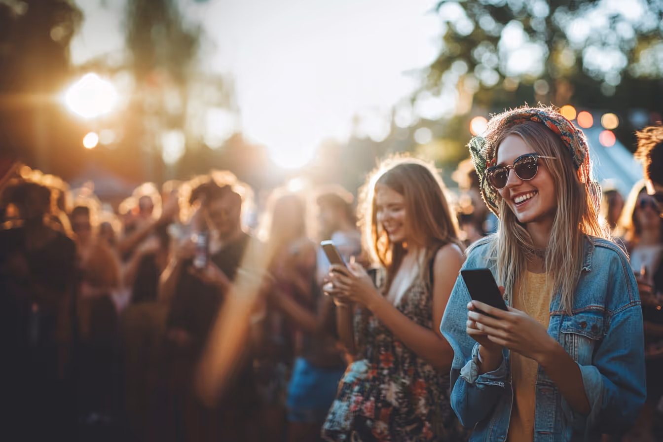 Publikum på en utendørs festival i solnedgang